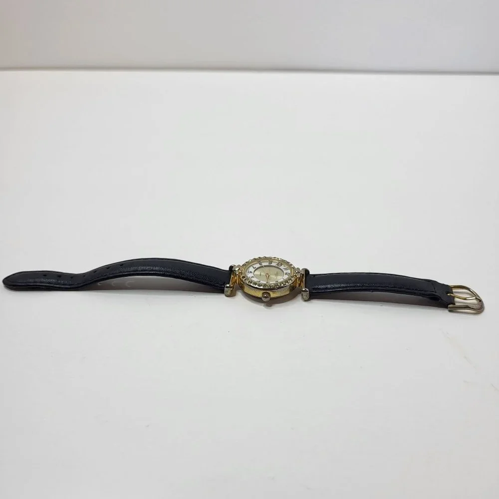 LA Express Watch Women Gold Stainless Steel Batt Black Leather‎ Band Quartz
